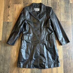 Wilsons Pelle Studio Women’s Size L Long Black Leather Coat 90s Matrix Mob Wife